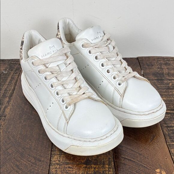 Marc Fisher Shoes - Marc Fisher Women’s 7 Maggy White Leather Low-Top Chunky Sneakers Snakeskin Heel